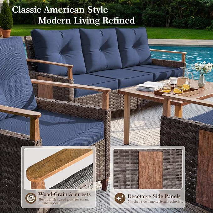 NestNook 5 Pieces Patio Furniture Set, Outdoor Conversation Set with All-Weather Handwoven PE Wicker Sofa, Rattan Chairs and Thick Cushion, Loveseat & Coffee Table for Backyard, Deck & Poolside, Blue