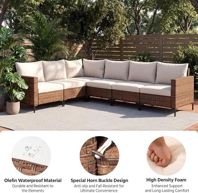 LAUSAINT HOME 6 Pieces Outdoor Patio Furniture Set, PE Wicker Sectional Conversation Sofa with Adjustable Backrests, Storage Ottoman & Wood Table with Umbrella Hole, Beige