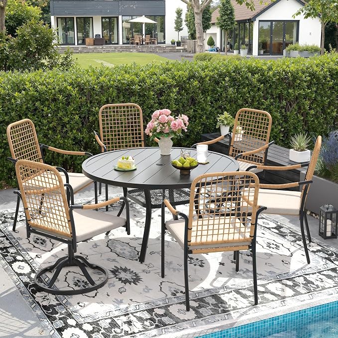 DIFY 7 Pieces Outdoor Dining Set for 6, Patio Furniture Set of 6 Wicker Patio Chairs with Soft Cushions and 47.2" Black Round Metal Table with Umbrella Hole, for Backyard Garden Deck, Wheat Rattan