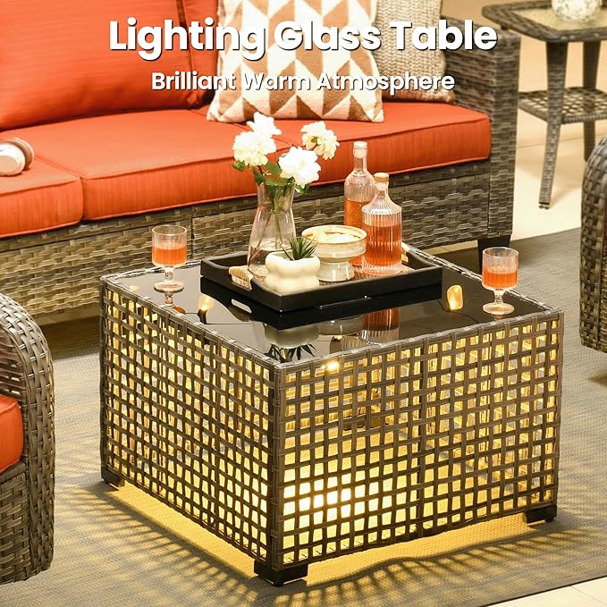 ovios 9 Pieces Patio Furniture Set, Outdoor Wicker Sofa Couch with Rocking Swivel Chairs Fire Pit Table, Modern Deep Seat Rattan Conversation Sets for Deck Porch, Orange Red