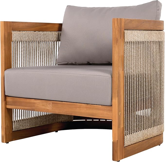 Christopher Knight Home Nesbit 4 Pieces Conversation Set, Acacia Wood Chat Set, Woven Rope Loveseat and Accent Chairs, Slat Panel Coffee Table, Patio Furniture Set for Backyard Balcony Garden, Gray