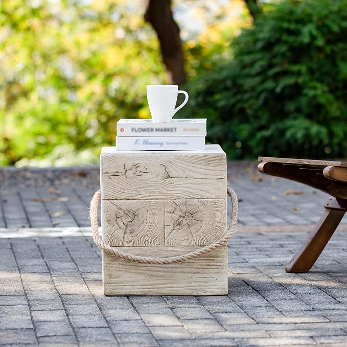 Outdoor Side Table Square Concrete Side Tables with Simulated Braided Rope,Distressed Wood Grain MGO Patio End Table for Living Room Garden Balcony,Fully Assembled