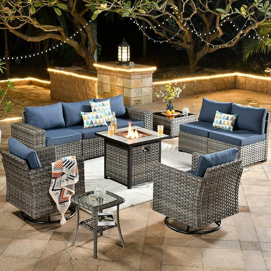 HOOOWOOO Outdoor Patio Sectional Furniture Sofa Set with Fire Pit Table,10 Piece Modern Wicker Couch with Swivel Chairs,Modular Conversation Seating Set with Widened Armrest for Garden(Denim Blue)