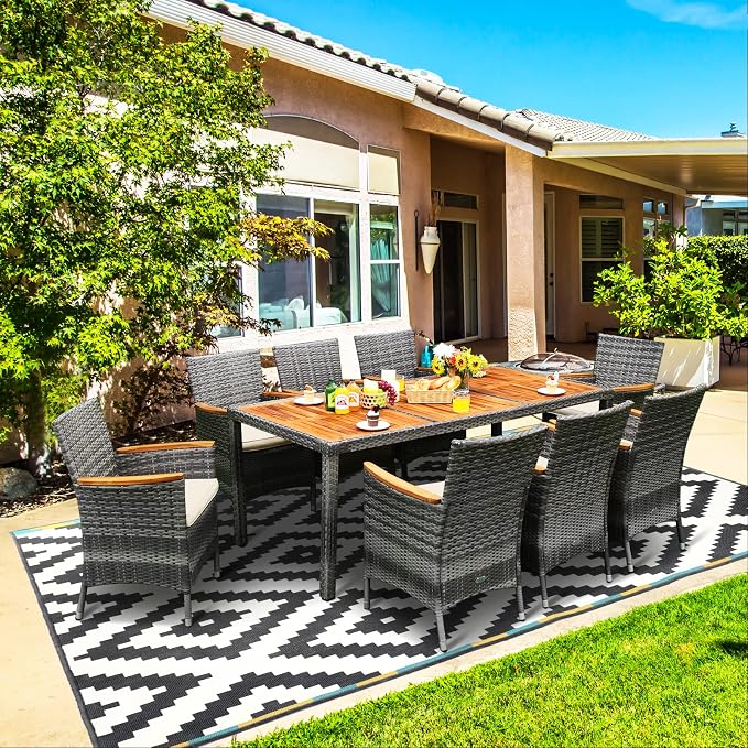 Patio Dining Set Outdoor Dining Set, 9 Pieces Wicker Patio Furniture Set with Acacia Wood Table and Chairs, Garden Dining Table Set for Backyard, Desk, Poolside, Christmas(Grey)