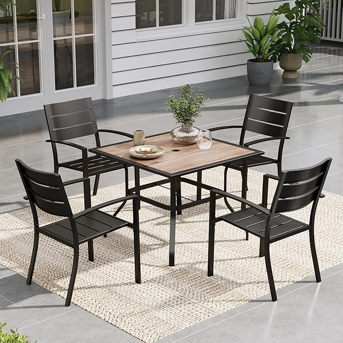 Sophia & William Metal Patio Outdoor Table and Chairs 5 Piece Dining Set - 37" Square Imitation Wood Table and 4 Backyard Garden Chairs, Table with 1.57" Umbrella Hole