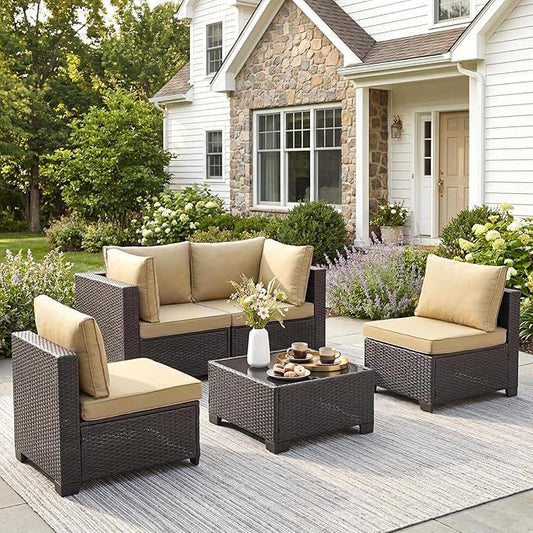 ANJ 5 Piece Outdoor Wicker Patio Furniture Set, Modular Loveseat Sofa with with Glass Top Coffee Table, All-Weather Rattan Conversation Couch Set for Balcony, Backyard, Dark Brown Wicker-Camel