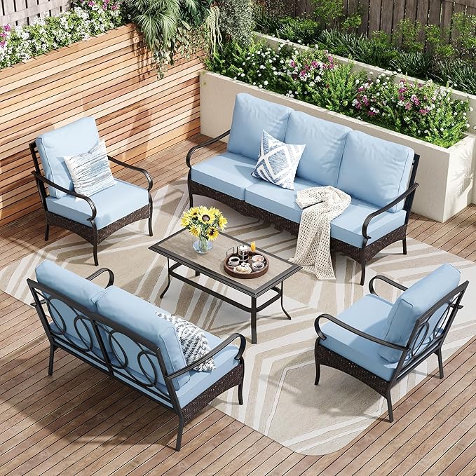 PHI VILLA Outdoor Modern Patio Furniture Set, Upgraded Wicker & Metal Patio Conversation Set with Waterproof Thick Cushions for Porch, Poolside, Yard (5 Pieces,Blue)