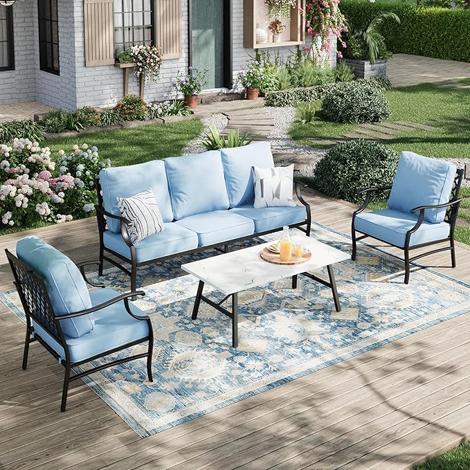Patio Furniture Set 4 pcs, Metal Outdoor Patio Furniture, 3-Seat Sofa, 2 Single Chairs, Metal Coffee Table and 5.75" Extra Thick Cushion, Patio Conversation Set for Garden Backyard Deck,Blue