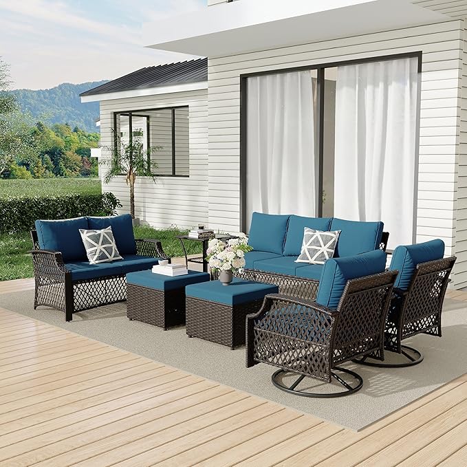 HOMREST 7 Piece Patio Furniture Set, Wicker Outdoor Conversation Sofa Set with Swivel Chairs, 2 Ottomans, Glass Side Table, Rattan Outdoor Sectional for Deck Backyard Porch （9 Seats, Turquoise