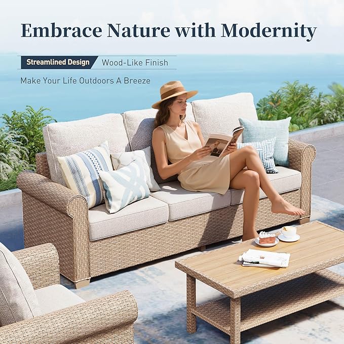 Patio Furniture Set 8 pcs, Wicker Rattan Outdoor Furniture with 5.5" Thick Waterproof Cushions, and 56" Fire Pit Table, All Weather Outdoor Conversation Set for Backyard Deck, 9 Seats Beige