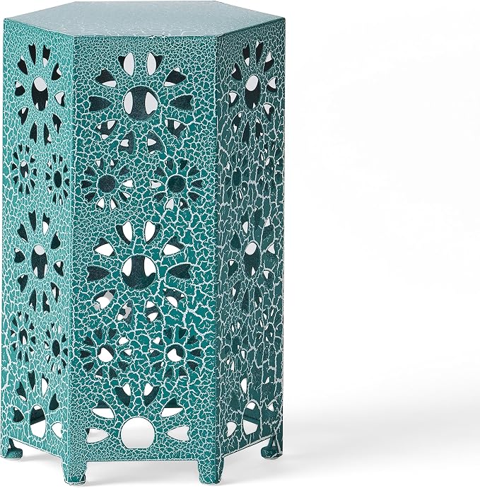 Iron Patio Side Table with Sunburst Cut Out Design 14"x22"Hexahedron Outdoor End Table Lightweight Barrel Accent Table for Garden Pool Deck Balcony Weather Resistant Easy to Move,Teal
