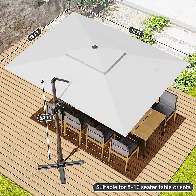 10x13 FT Cantilever Patio Umbrella with Led Lights Double Top Outdoor Rectangular Large Heavy Duty Aluminum Offset Umbrellas with 7 Level Tilt 360-degree Rotation for Pool Garden Deck, Fog Grey