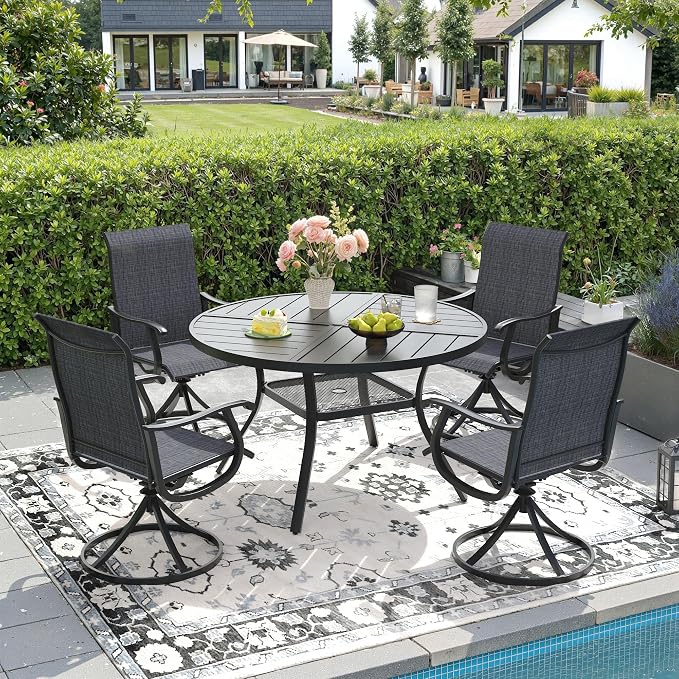 DIFY Patio Table and Chairs Set for 4, 5 Piece Outdoor Dining Set, 40.6" Black Round Metal Dining Table with Umbrella Hole and 4 Dark Grey Textilene Swivel Patio Chairs, for Garden Backyard Deck