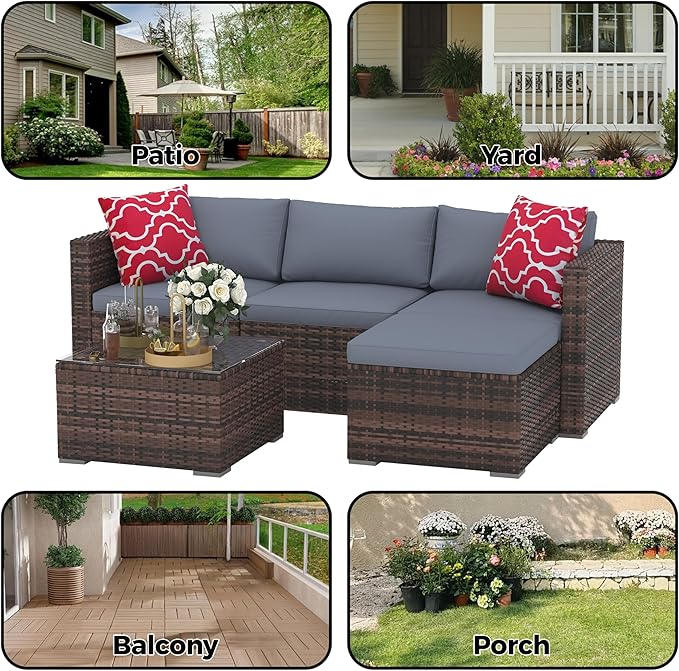 5-Piece Patio Furniture Set, All-Weather PE Rattan Sectional Sofa, Modular Outdoor Conversation Set with Metal Frame, Brown & Grey
