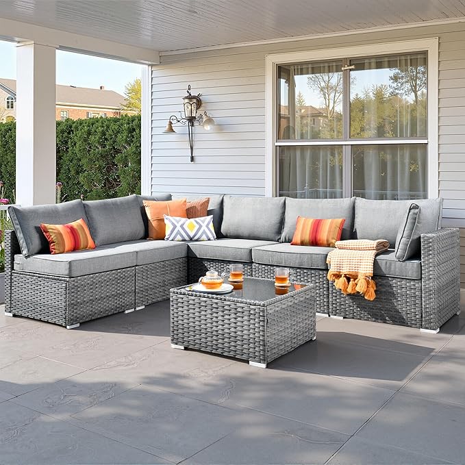 7 PCS Outdoor Patio Furniture Sets,Wicker Weather Resistant Patio Conversation Set with Comfy Cushions,Modular L Shaped Sofa with Coffee Table for Yard Backyard Porch Garden Poolside,Dark Grey