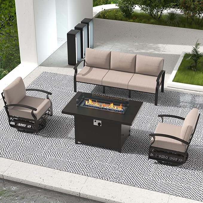 Aluminum Outdoor Patio Furniture Set,4 Pieces 5 Seats Patio Conversation Sets with 45" Propane Fire Pit Table,Metal Patio Sectional Furniture Set with 2 Swivel Rocking Chairs,Sand