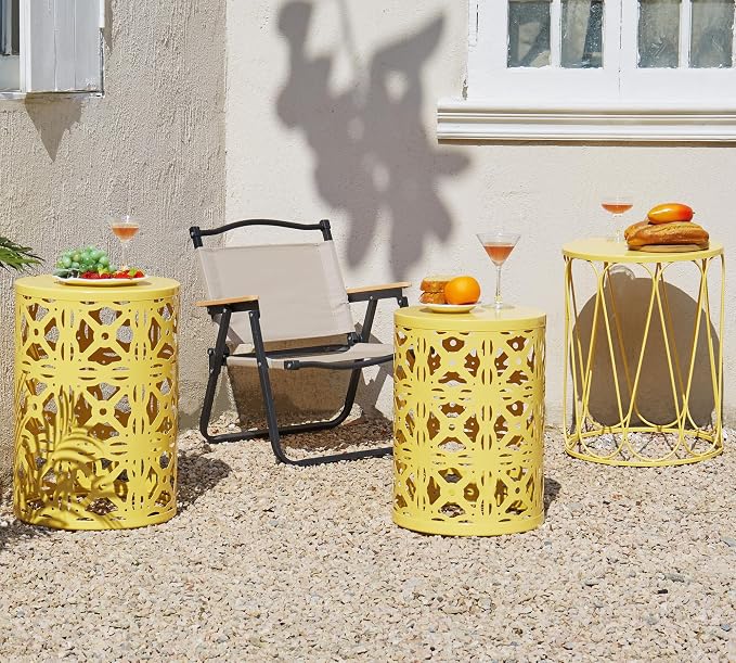 HFHOME Set of 3 Metal Outdoor Side Table, Round Coffee Table for Indoor Outdoor, Heavy Duty End Tables Plant Stand Garden Stool- Yellow