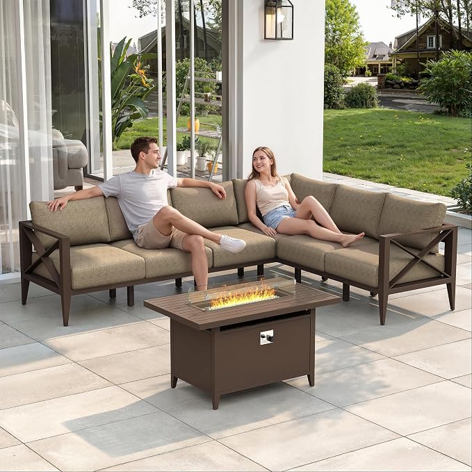 Outdoor Sectional Sofa Set with Fire Pit Table 6 Seat Patio Conversation Set Aluminum Patio Furniture for Backyard Deck Garden