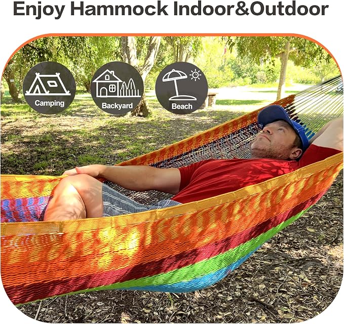 CHULIM Handwoven Mayan Hammock with 10ft Tree Straps, 550lbs Capacity Soft Rope Double Hammock, Portable Outdoor Hammock with Carry Bag for Camping Backyard Beach - Green