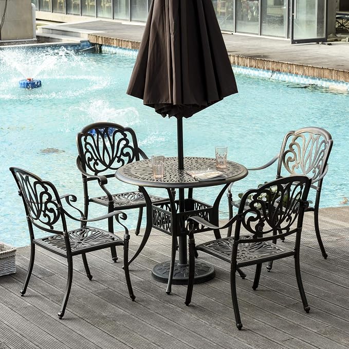 Outsunny 5 Pieces Outdoor Furniture Dining Set for 4, All-Weather Cast Aluminum Stackable Design Chairs and Round Patio Table with Umbrella Hole, for Backyard, Deck, Garden, Bronze