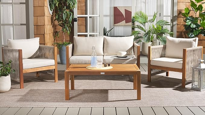 SAFAVIEH Outdoor Collection Roya Natural/Taupe Solid Wood 4-Piece Conversation Set