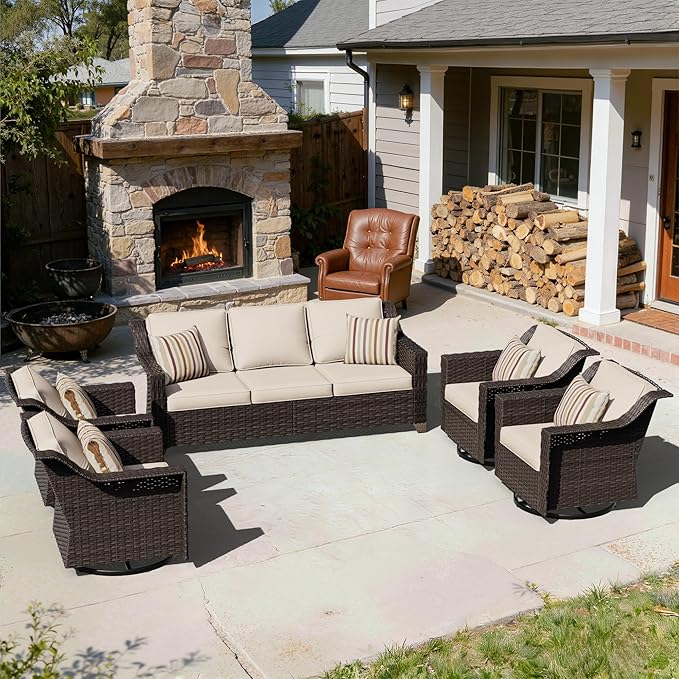 5 Pieces Patio Conversation Furniture Set - 1 Sofa, 4 Swivel Chairs, Outdoor Wicker Furniture with Removable Cushions for Porch, Balcony, Sunroom (Beige)