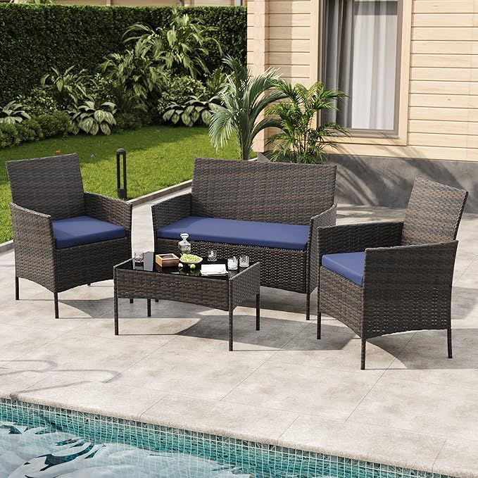 4-Piece Outdoor Furniture Set, PE Rattan Wicker Chairs with Soft Cushions & Tempered Glass Coffee Table - All-Weather Patio Set for Garden, Backyard, Porch, Poolside (Brown/Navy Blue)