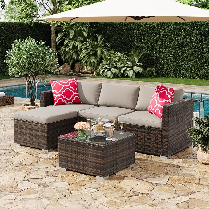 5 Piece Outdoor Patio Furniture Set, Rattan Deck Conversation Sofa Set with Non-Slip Cushions, All-Weather Sectional Sofa with Glass Storage Table and Balcony Footstool, Poolside, Garden, Brown+Gray