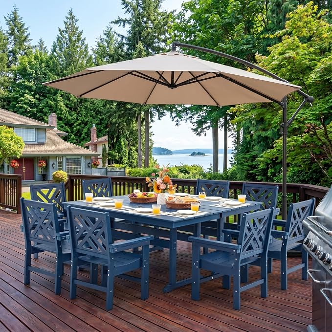HDPE Outdoor Dining Set,10-Piece Outdoor Table and Chairs Include 8 Dining Chairs and 2 Pcs 62.5" Patio Dining Table with Umbrella Hole (Blue)