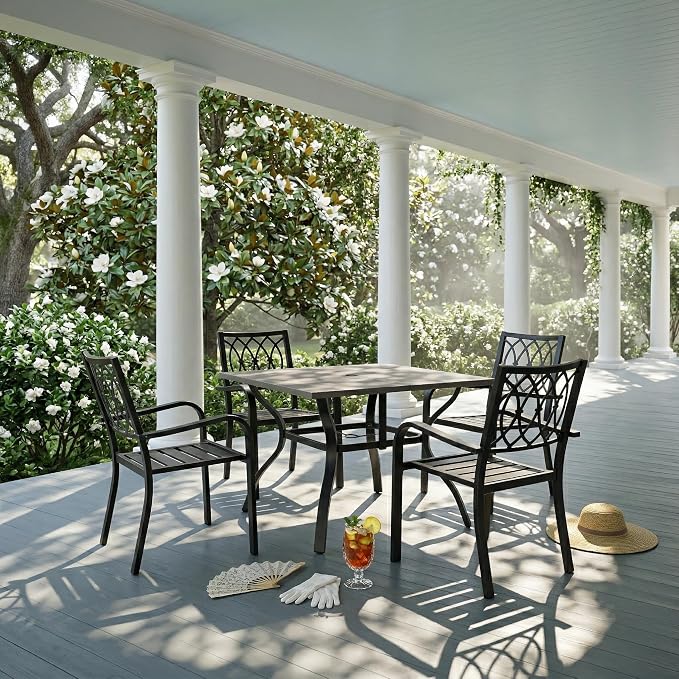 5-Piece Outdoor Patio Dining Set 37.8" Square Wood-Grain Metal Table with Umbrella Hole 4 Metal Chairs 350 lbs Capacity Ergonomic Slat Design Quick Assembly for Garden Black