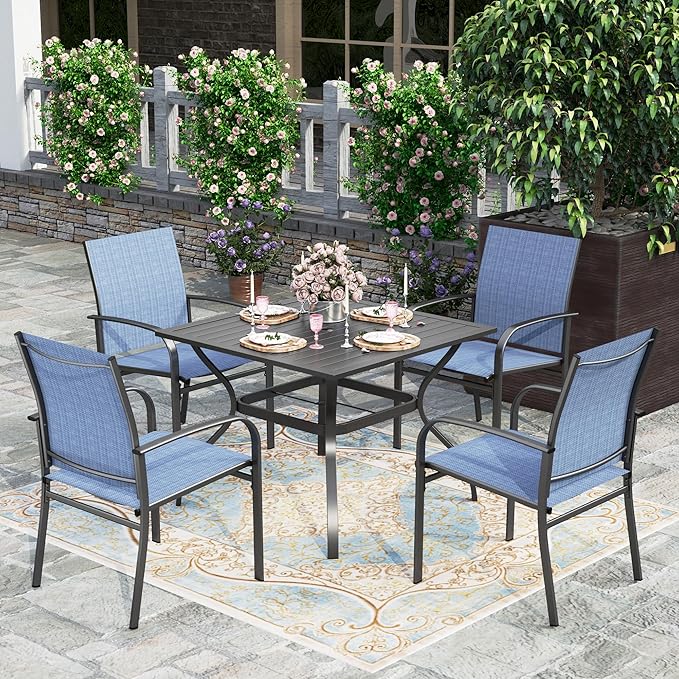 HERA'S HOUSE 5 Pieces Patio Dining Set, Outdoor Table and Chairs Set for 4, 4 x Blue Textilene Dining Chair, 37" Square Metal Dining Table, for Lawn Garden Backyard Deck