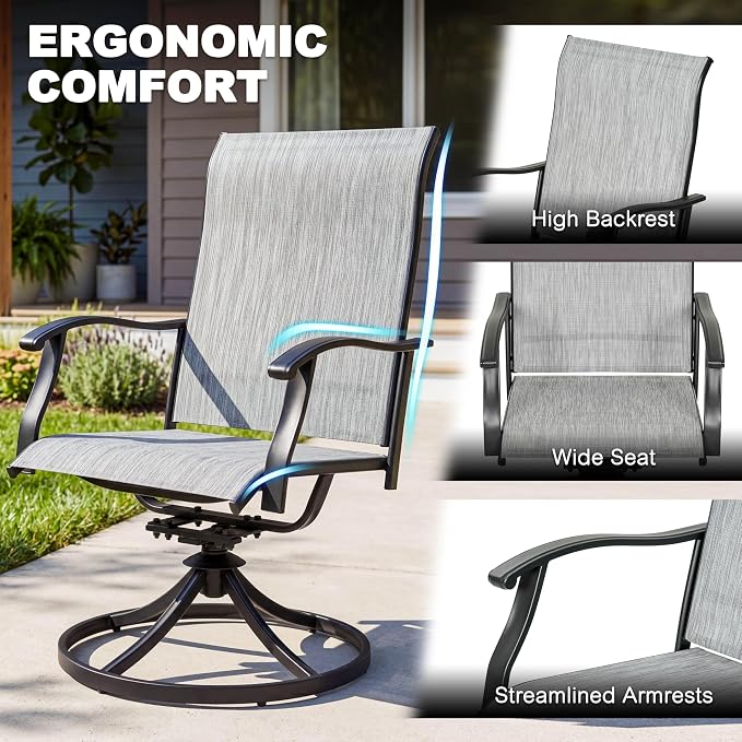 NUU GARDEN 7 Piece Patio Dining Set for 6 with Swivel Chairs | 61" x 37" table with umbrella hole and 6 breathable Textilene swivel chairs featuring ergonomic high backs.