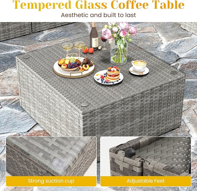 May in Color 7 Pieces Outdoor Patio Furniture Sets with Glass Tea Table, PE Rattan Wicker Patio Conversation Set with Washable Cushions, Outdoor Patio Sectional Sofa Couch, Beige