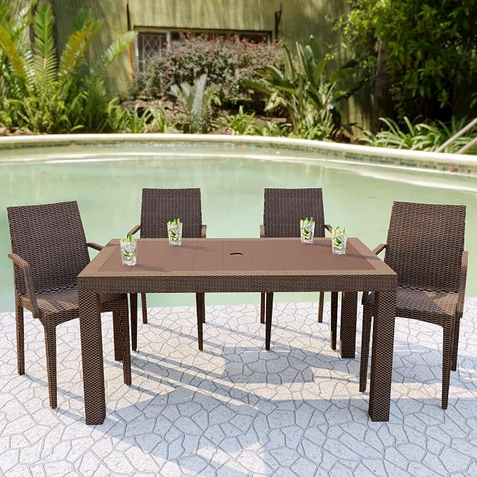 LeisureMod Mace Modern Weave Design Outdoor Patio Rectangle Dining Table (Brown)