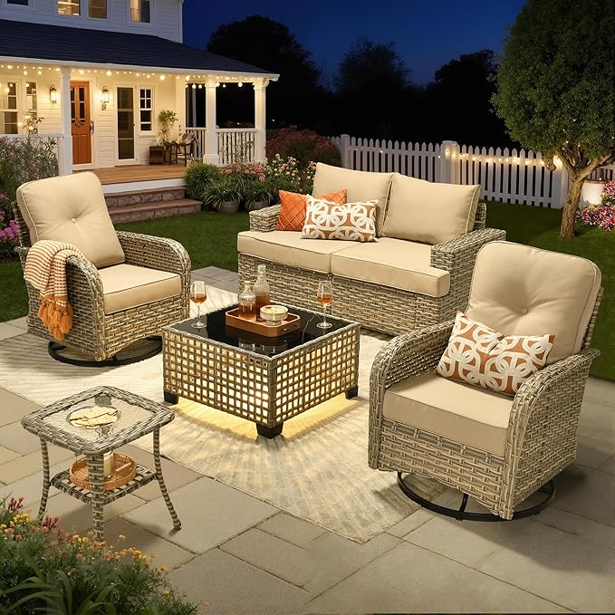 Rattan Patio Furniture Set with Swivel Chairs,6 Pieces Outdoor Sectional with Glowing Coffee Table,Out Door Furniture Conversation Set,Beige
