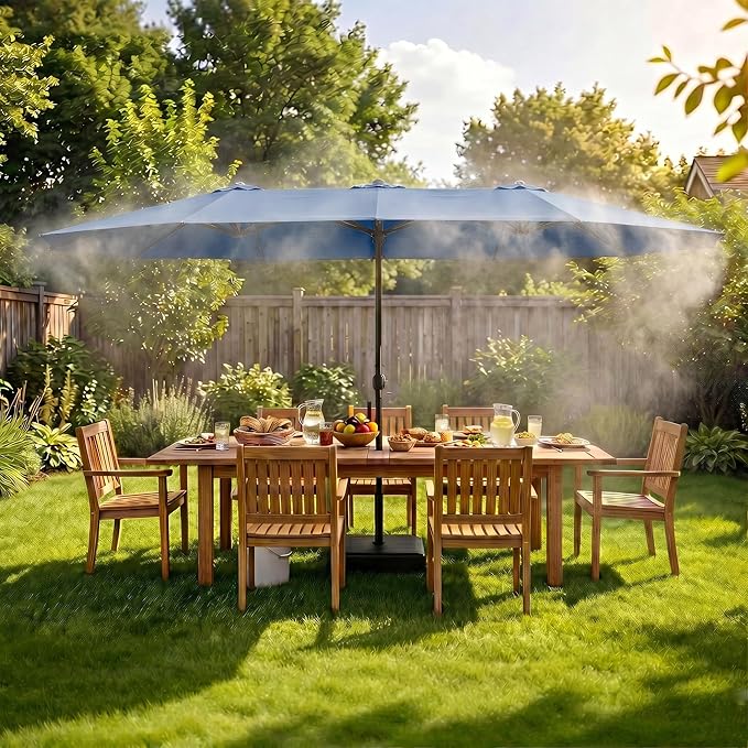 15 FT Patented Misting Patio Umbrella with Base, Outdoor Umbrella with Built-in Rechargeable Mist System