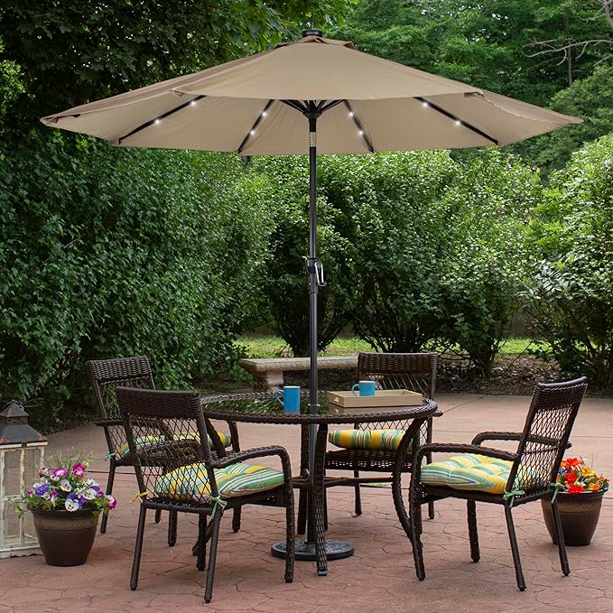 Northlight 9ft Solar Lighted Outdoor Patio Market Umbrella with Hand Crank and Tilt, Taupe