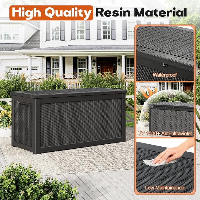 Outdoor Storage Box, Resin Deck Boxes Indoor and outdoor, Waterproof Storage Box Lockable Lid (Black,260 Gallon)