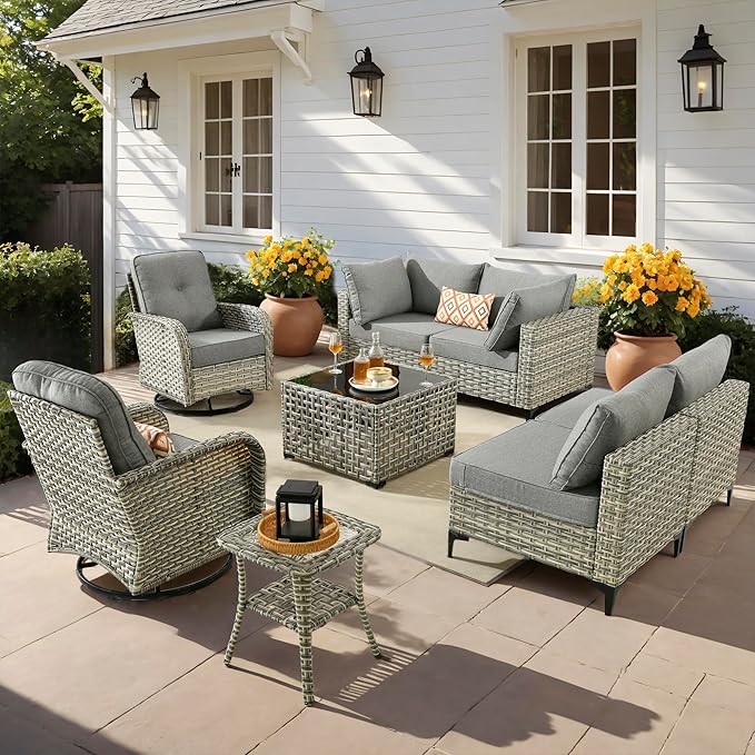 Outdoor Patio Furniture Sets, 8 PCS Patio Conversation Set Outside Rattan Sectional Sofa with Wicker Rocking Chairs Coffee Table Soft Cushion Fit Backyard Porch Garden Poolside Balcony