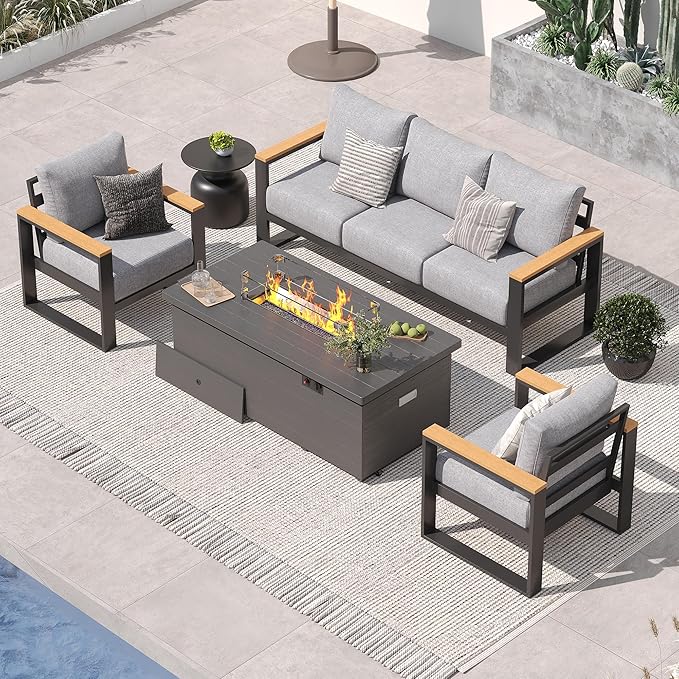 Sundale Outdoor Aluminum Patio Furniture Set, 4 Piece Outdoor Conversation Sets with Fire Pit and 6" Thick Olefin Cushions, All Weather Outdoor Sectional Set for Deck, Lawn, Yard (Grey)
