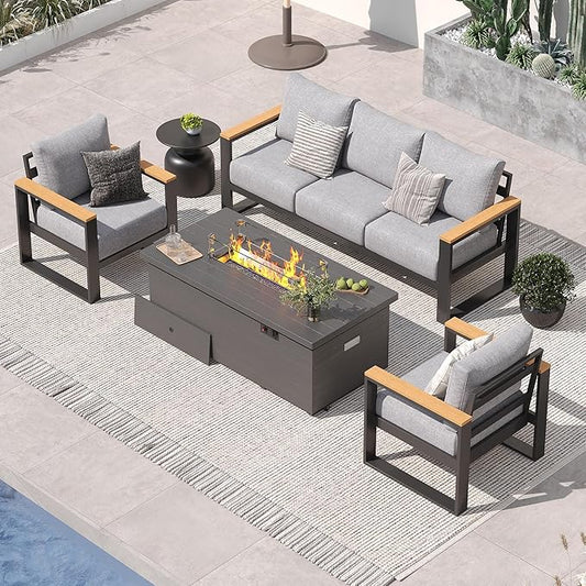 Sundale Outdoor Aluminum Patio Furniture Set, 4 Piece Outdoor Conversation Sets with Fire Pit and 6" Thick Olefin Cushions, All Weather Outdoor Sectional Set for Deck, Lawn, Yard (Grey)