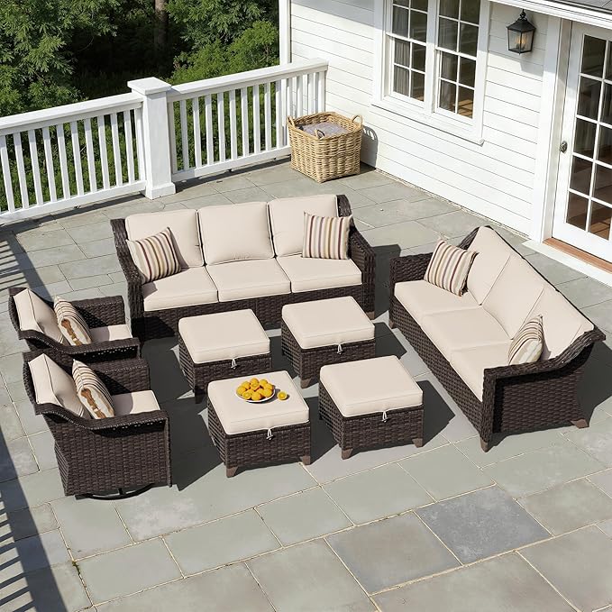 8 Pieces Patio Conversation Furniture Set - 2 Sofas, 4 Ottomans, 2 Swivel Chairs, 1 Side Table, Outdoor Wicker Furniture with Removable Cushions for Porch, Balcony, Sunroom (Beige)