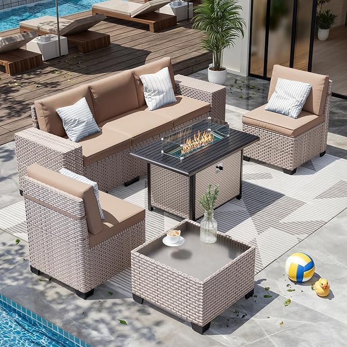 7-Piece Outdoor Patio Furniture Set with Fire Pit, Modular Sectional Sofa Set with Glass Coffee Table and Cushions, Wicker Outdoor Couch Conversation Sets, Khaki