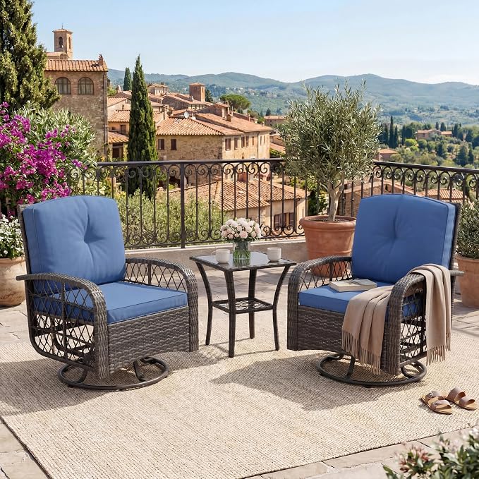 IDEALHOUSE 3-Piece Outdoor Patio Furniture Set, Wicker Swivel Rocking Chairs with Thick Cushions and Glass Coffee Table, Backyard & Garden Bistro Rocker Set, Grey+Blue Cushion