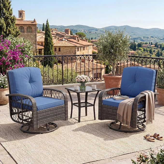 3 Pieces Patio Furniture Set, Outdoor Swivel Glider Rocker with Washable Cushions, Tempered Glass Tabletop Conversation Set for Deck, Porch, Balcony, Backyard, Garden, Grey & Blue