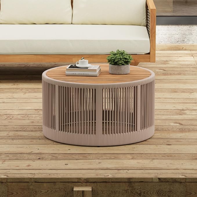 Round Outdoor Coffee Table, Acacia Wood & Rattan Rope Patio Side Table, Weather Resistant Natural Iron Frame Accent Table, 26 Inch Rustic Furniture for Garden Yard Balcony Porch