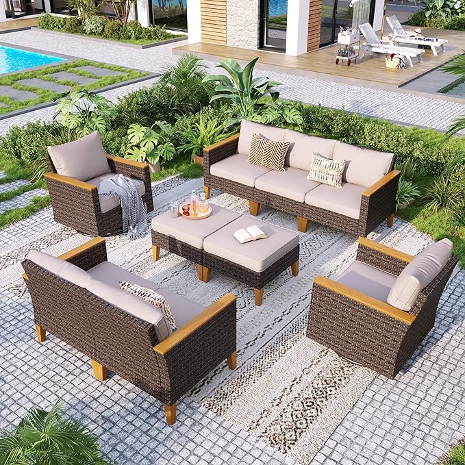 GREEN PARTY 9 Pieces Wicker Patio Furniture Set, All-Weather Outdoor Rattan Patio Sectional Sofa Conversation Set 9 Seats with 4" Thick Cushions for Garden, Backyard, 2 x Swivel Chairs