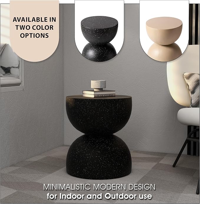 LeisureMod Minimalist Side Table Fiberstone Round Hourglass Accent End Table Stool, Patio Indoor Home Living Room, Weather-Resistant, Sage in Black