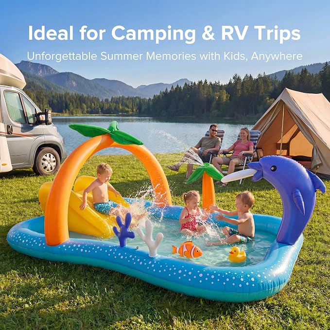 Kiddie Pool with Slide Inflatable Play Center Wading Lounge Kids Pool, Coconut Palm Sprinkler, Water Game Play Center 95''x75''x40'', Blue