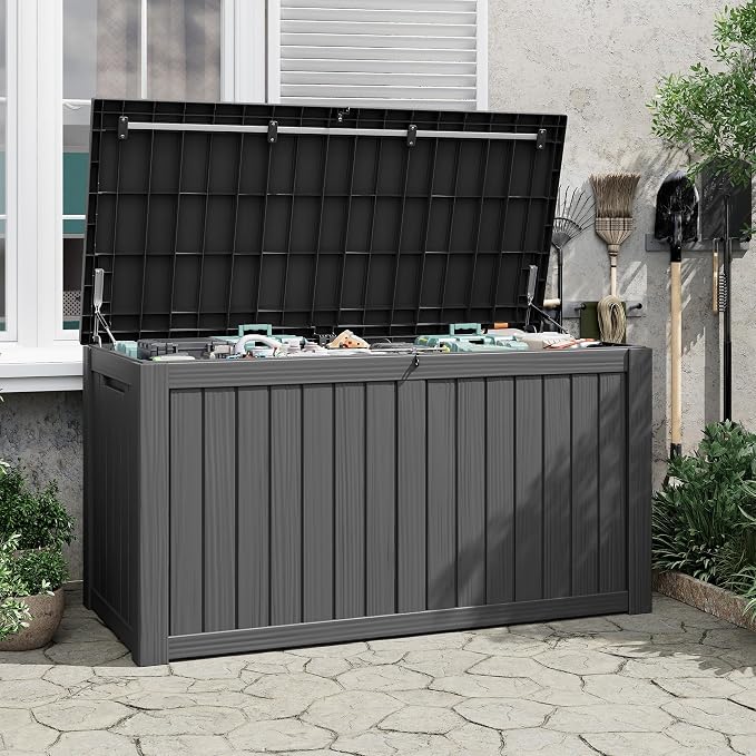 Outdoor Storage Box, 160 Gallon Deck Box with Lockable Lid, Waterproof Resin Storage Bin for Cushions, Garden Tools, Patio Furniture, Black